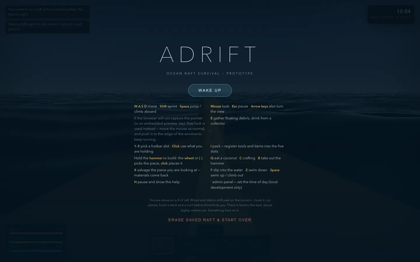 Adrift title and controls screen