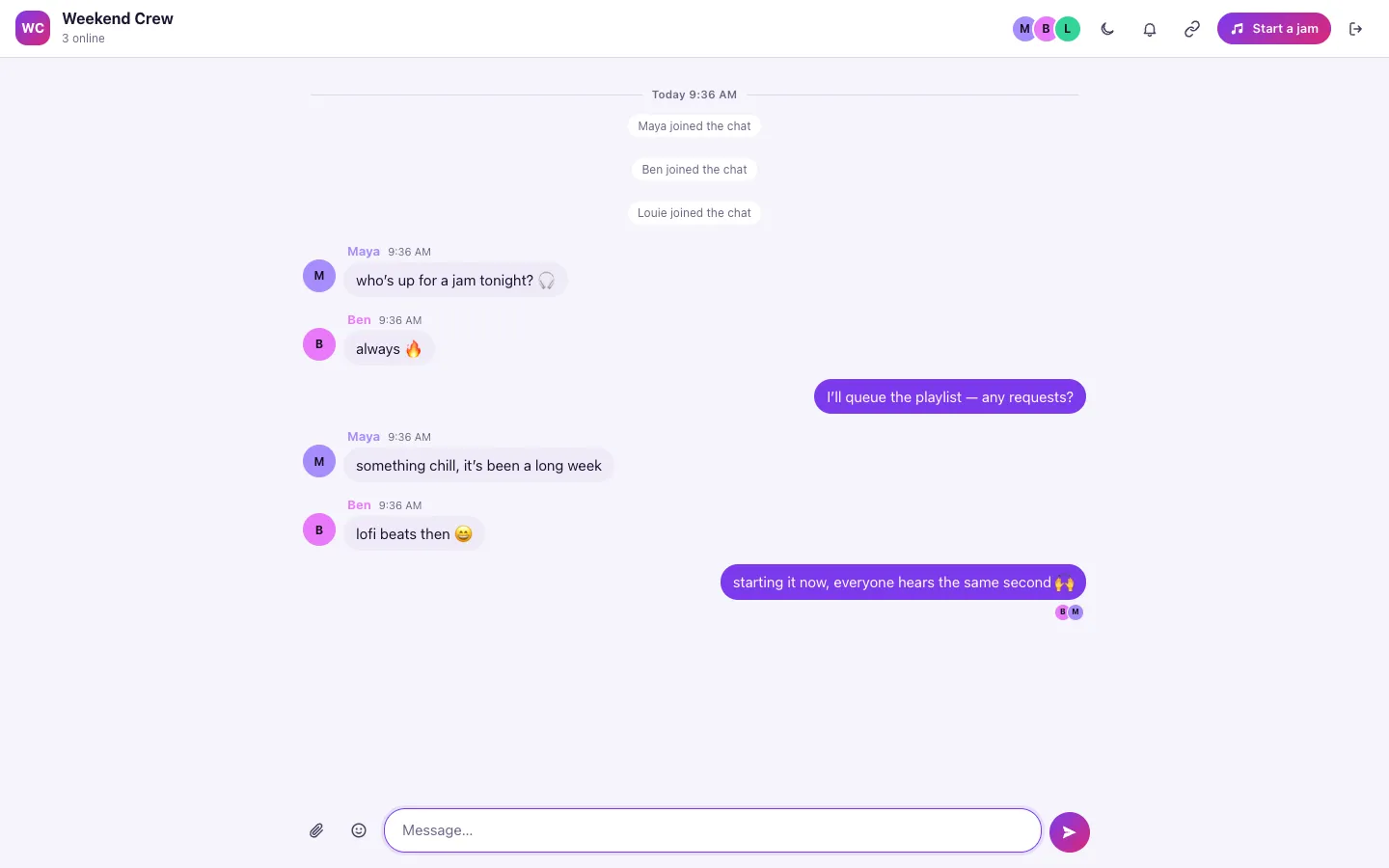 Jammr group chat on desktop with message bubbles and a Start a jam button