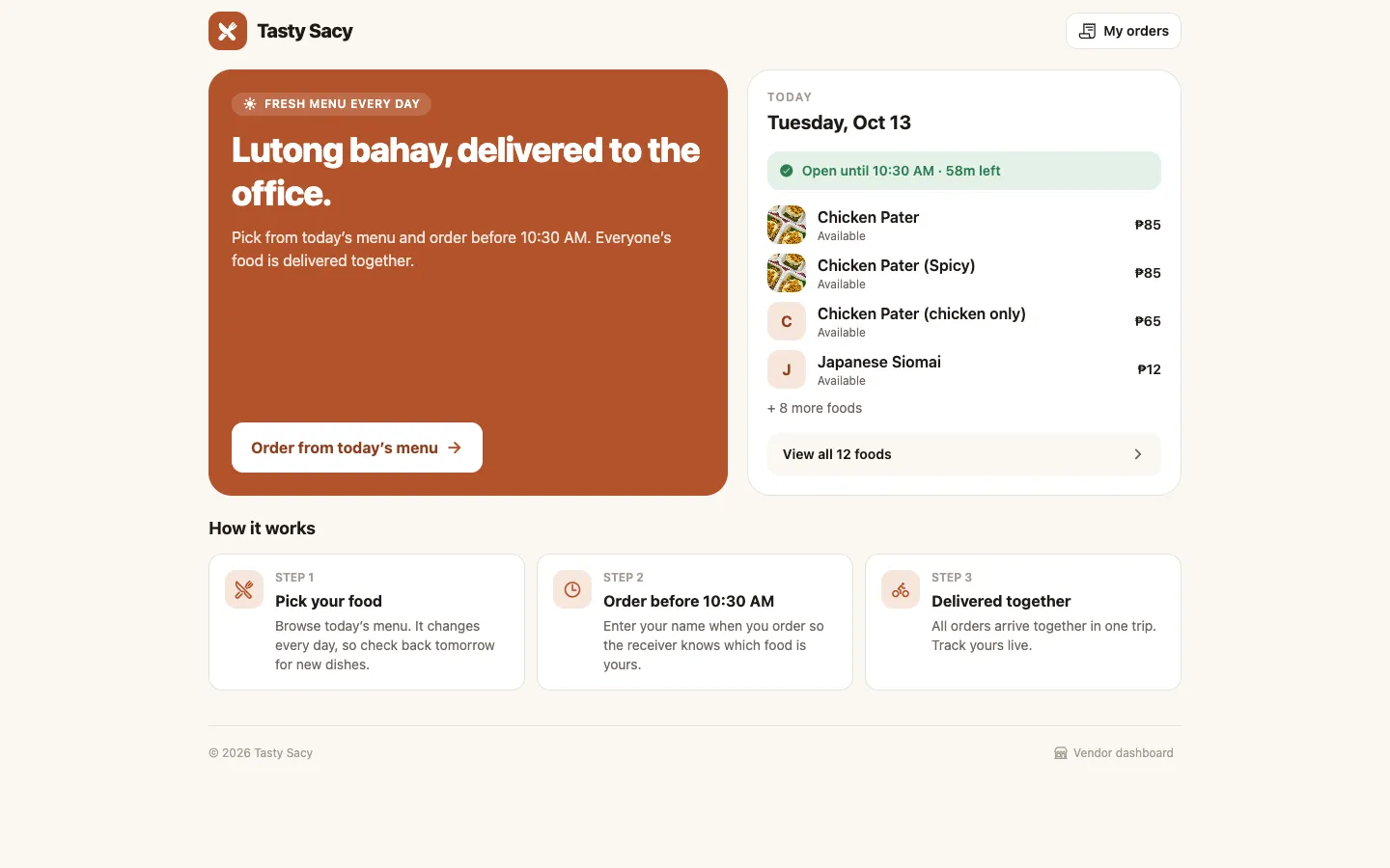 KusinaLink landing page on desktop showing today's menu