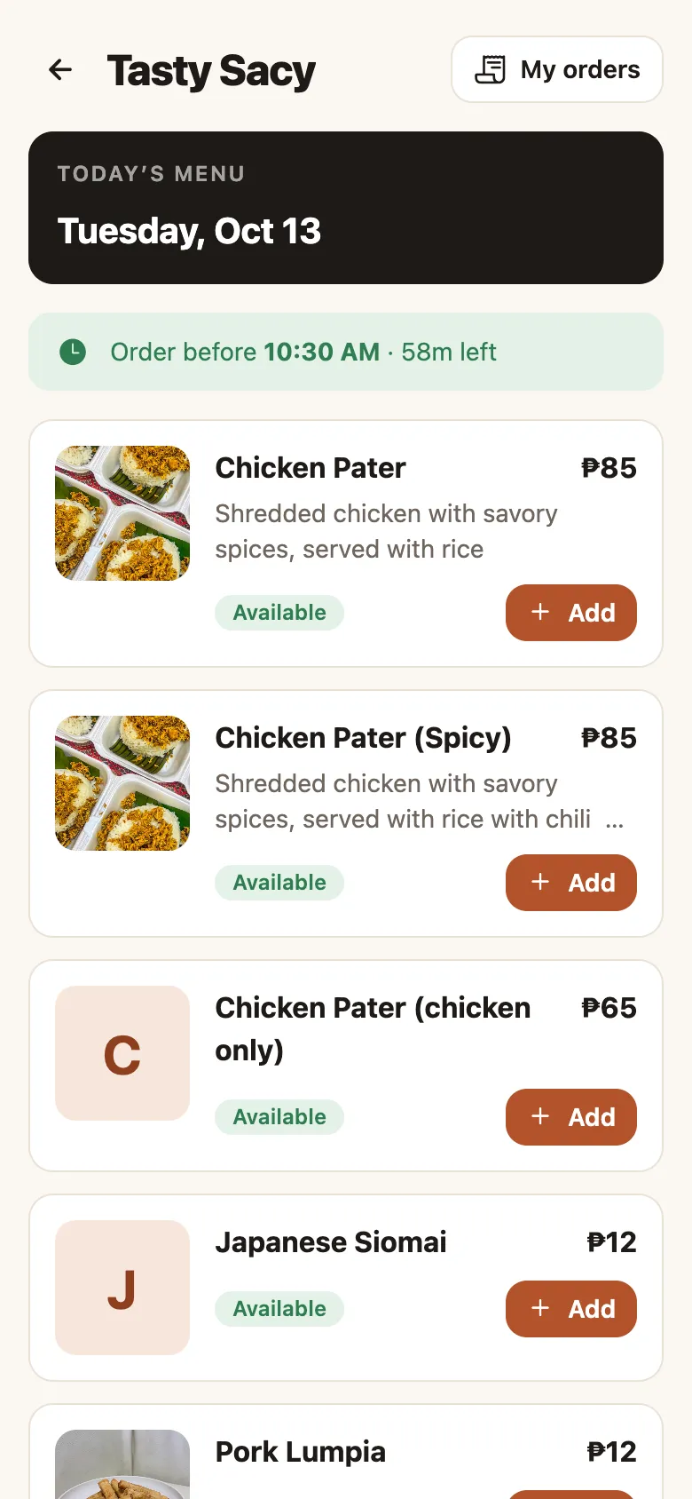 KusinaLink daily menu on a phone with Add buttons